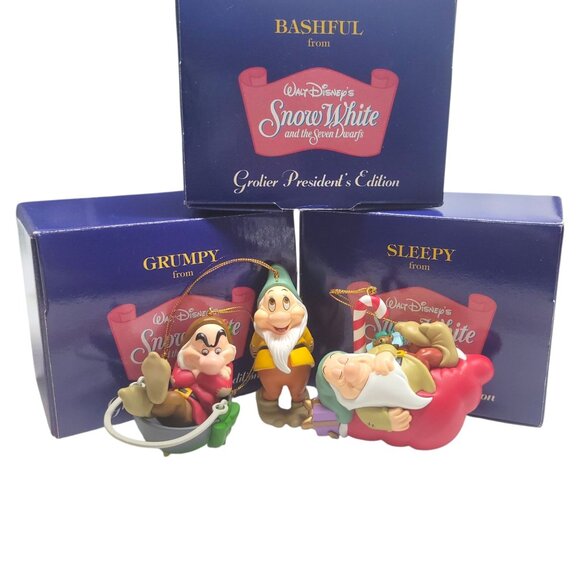 Disney Other - Disney Snow White Seven Dwarfs Grolier 3 Holiday Ornaments Grumpy Bashful Sleepy